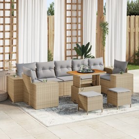 Conjunto de Sofá de Jardim de 10 Peças com Almofadas Bege de Vime de P
