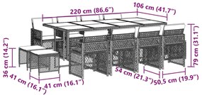 13 pcs conj. jantar jardim c/ almofadões vime PE cinzento-claro