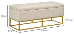 Banco de Armazenamento Retangular Estofado em Linho com Pés de Aço para Sala de Estar Dormitório 110x44x48 cm Bege