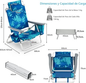 Conjunto de 2 cadeiras reclináveis de exterior com estrutura de alumínio e mesa de jardim, piscina campismo, praia dobraveis Azul
