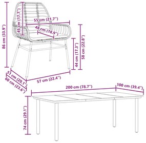 Conjunto de jantar jardim 9 peças almofadas vidro vime PE preto