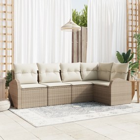 Conjunto de Sofá de Jardim de 5 Peças com Almofadas de Vime Bege, Sofá