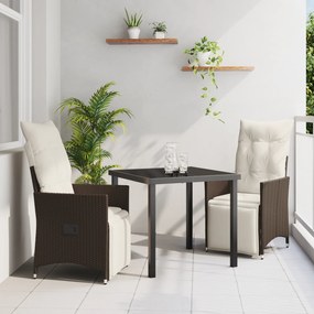 vidaXL Conjunto de Jantar de Jardim 3 peças com Almofadas Castanho Rattan Poliéster