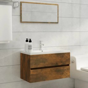 2 pcs conj. móveis casa de banho derivados madeira cor fumado