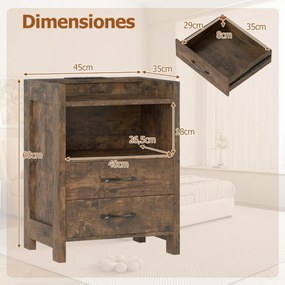 Mesa de cabeceira 45 x 35 x 60 cm com luzes LED e tomadas com 2 gavetas e prateleira aberta castanho