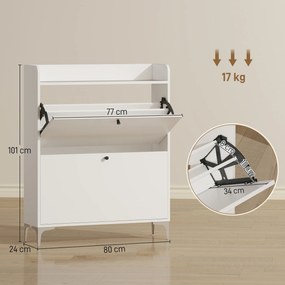 Sapateira com capacidade para 16 pares, com 2 gavetas rebatíveis e prateleiras ajustáveis, 80 x 24 x 101 cm, branco
