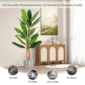 Plátano artificial de 195 cm de altura com 27 folhas grandes Caules triplos Casca natural Verde Decoração de vaso de plantas