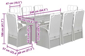 9 pcs conjunto de jantar p/ jardim c/ almofadões vime PE preto