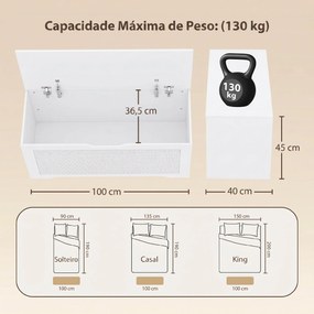 Baú de Arrumação 136L com Painel de Ratã e Tampa com Braços de Apoio, 100x40x45 cm, Branco