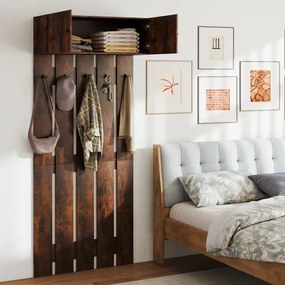 Cabide de parede para hall de entrada 90 x 33 x 210 cm com 5 ganchos duplos e armário com 2 portas e prateleira superior Castanho