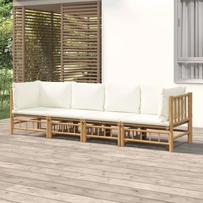4 pcs conjunto lounge de jardim bambu c/ almofadões branco nata