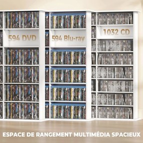 Móvel de arrumação 145 (L) x 24 (P) x 126,3 (A) cm para 1032 CDs / 594 DVDs, estante multimédia, 24 compartimentos e 18 prateleiras ajustáveis, branco