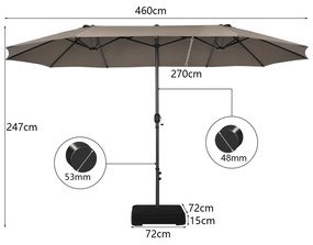 Guarda-sol duplo jardim 4,6 x 2,7 m com manivela e Base areia Estrutura com 12 varetas para jardim Café