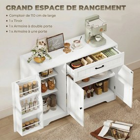 Armário de cozinha 110 x 40 x 80 cm, móvel de arrumação com gaveta, 3 portas com fecho suave, suportes para copos e prateleiras ajustáveis, branco