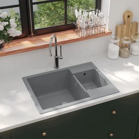 147086 vidaXL Lava-louça cozinha orifício extravas. cuba dupla granito cinza
