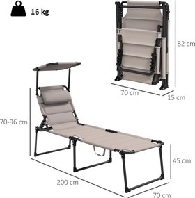 Conjunto de 2 espreguiçadeiras dobráveis de grande conforto, com encosto e capota ajustáveis em várias posições, cor cáqui