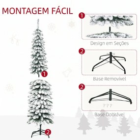Árvore de Natal Estreita Nevada 180 cm com 395 Ramos e Suporte Metálico Dobrável para Sala de Estar, Interior, Verde