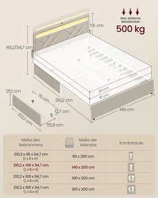Estrutura de cama casal 140 x 200 cm (COLCHÃO NÃO INCLUIDO) em metal com iluminação LED nas gavetas e cabeceira bege cappuccino