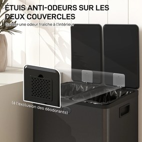 Caixote do lixo de cozinha 45,8 x 36 x 67,6 cm com 2 compartimentos de 2 x 28 L, aço inoxidável, tampa com fecho suave, preto