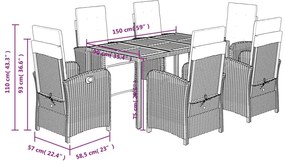 7 pcs conjunto de jantar p/ jardim c/ almofadões vime PE cinza