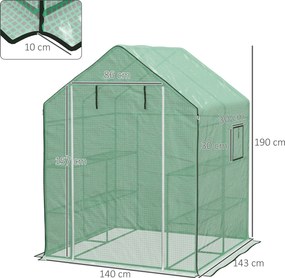 Estufa de jardim 140  x 143 x 190 cm com 1 porta, 1 janela e prateleiras de 3 níveis para legumes, plantas e flores; cobertura em PE Verde