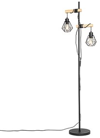 Candeeiro de pé rústico preto com madeira 2-luzes - Chon