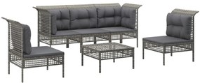6 pcs conjunto lounge de jardim c/ almofadões vime PE cinzento