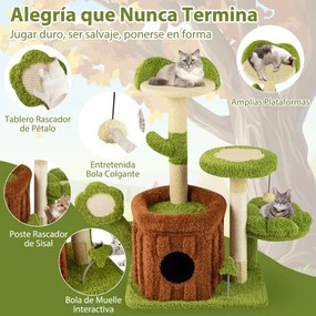 Arranhador para gatos para gatos com tronco, poleiro em forma de flor, cama, pompons, postes e painel para arranhar, verde e castanho