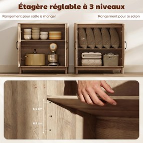 Aparador de sala 76 x 35 x 75,5 cm, móvel de arrumação com 2 portas em rattan, prateleira ajustável e cantos arredondados, cor carvalho
