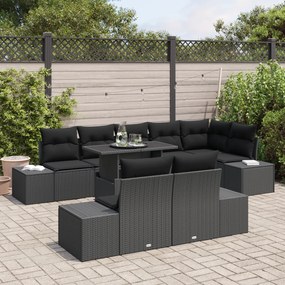 Conjunto de Sofás de Jardim de 9 Peças com Almofadas em Rattan Preto