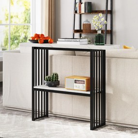 Mesa de 2 níveis com prateleira aberta, estrutura em aço dourado para sala de estar ou corredor, 120 x 29,5 x 92,5 cm, preto e branco