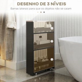 Estante de Armazenamento Casa de Banho de 3 Níveis Estante Estreita com Alça Lateral Estante com Rodas 48x15x80cm Preto