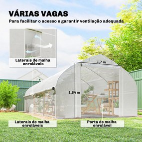 Estufa Tipo Túnel 6x3x2 m com Anti-UV e Porta de Enrolar com Fecho de Correr Paredes Laterais com Rede Branco