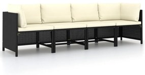 vidaXL Sofá de jardim 4 lugares com almofadões vime PE preto