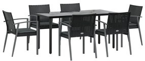 7 pcs conjunto de jantar p/ jardim c/ almofadões vime PE e aço