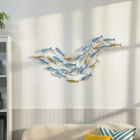 Decoração de parede moderna em metal, escultura de parede em metal com um motivo único de peixe, 100 x 50 cm, azul claro