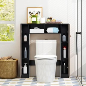 Estante sobre sanita de casa de banho 87,5 x 18 x 98 cm com 2 portas e 2 compartimentos abertos Preto e Castanho