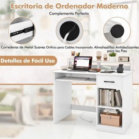 Secretária para computador 105 x 55 x 89 cm com tomadas elétricas, bandeja para teclado, gaveta e prateleira para escritório, casa ou estúdio, branca
