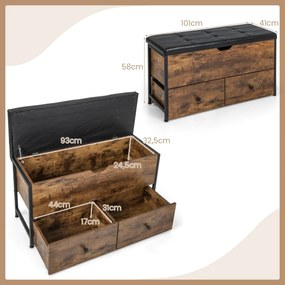 Banco de arrumação com tampa articulada e 2 gavetas para hall de entrada 101 x 41 x 58 cm castanho vintage