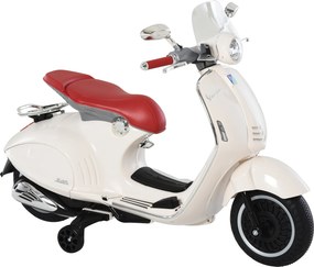 Scooter Vespa elétrica para crianças, 6 V, 108 L x 49 l x 75 H cm, música, buzina, 2 rodas auxiliares, 3-6 anos, Branca
