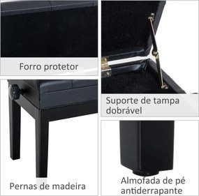 Banco de Piano com Espaço de Armazenamento Altura Ajustável com Assento Acolchoado Carga 200 kg 54,5x33x48-58 cm Preto