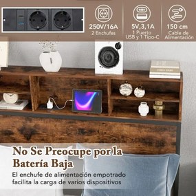 Cama de casal com estação de carregamento, estrutura de cama metálica com cabeceira e espaço de arrumação 200 x 140 cm (colchão não incluído)