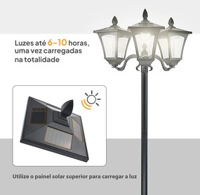 Candeeiro Solar de Jardim com 3 Luzes LED Impermeável IP44 Sensor de Noite Candeeiro de Exterior 51,5x47x182,5cm Preto