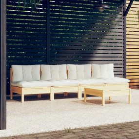 vidaXL 5 pcs conjunto lounge jardim c/ almofadões cor creme pinho