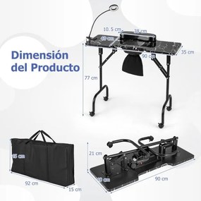 Mesa de manicure dobrável com aspirador de pó elétrico Luz LED 4 rodas com travão 90 x 40 x 77 cm Preta