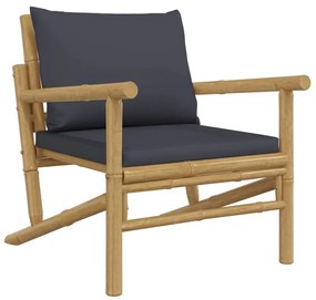 3pcs conj. lounge de jardim bambu c/ almofadões cinzento-escuro