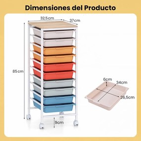Carrinho Organizador, 37 x 32,5 x 85 cm, 10 Gavetas Removíveis, Multicolor