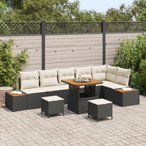 Conjunto de Sofá de Jardim de 9 Peças com Almofadas Preto Rattan Polím