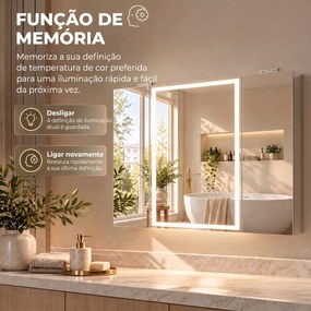 Armário de Casa de Banho com Espelho LED, Tomada Integrada, 3 Portas, Antiembaciamento e Prateleiras Ajustáveis em Vidro Temperado, Branco