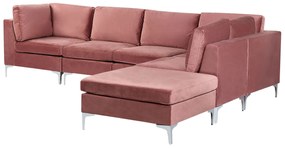 Sofá de canto de 5 lugares em veludo rosa com repousa-pés versão à esquerda EVJA Beliani